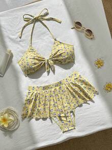 SHEIN Swim 黃色碎花掛脖綁帶比基尼，附荷葉邊裙褲下裝，2件式泳衣，適合泳池派對、海灘、夏季熱帶可愛風 - 彩色 - 查看 5
