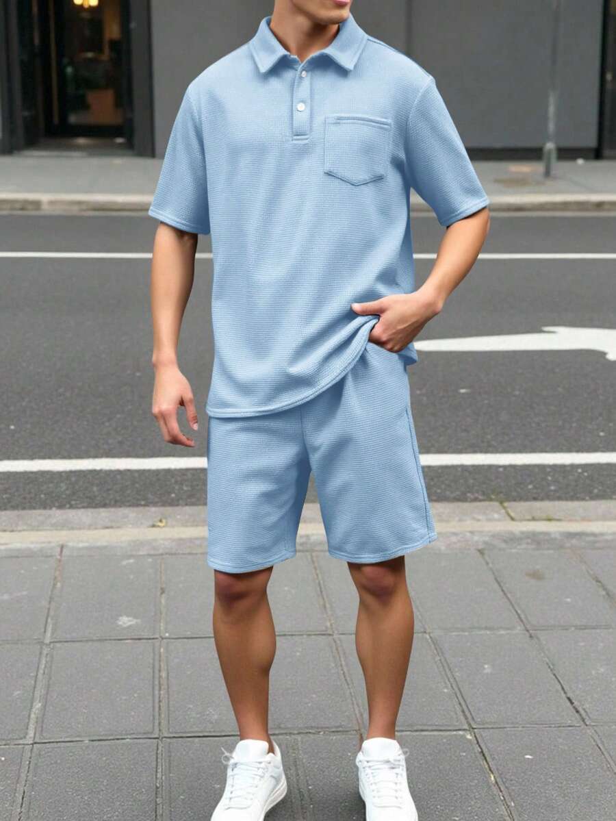 SHEIN 2件/套 青少年男童寬鬆版型素色翻領短袖 Polo 衫與短褲套裝,適合學校穿著 - 淺藍色 - 查看 1