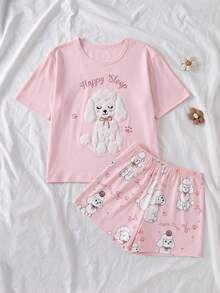 Casual Pullover Children's 10 Years Old Tween Girls Apricot Base Color Cute Puppy Print Pattern Short Sleeve Shorts Home Wear Summer Set - Pink - View 10