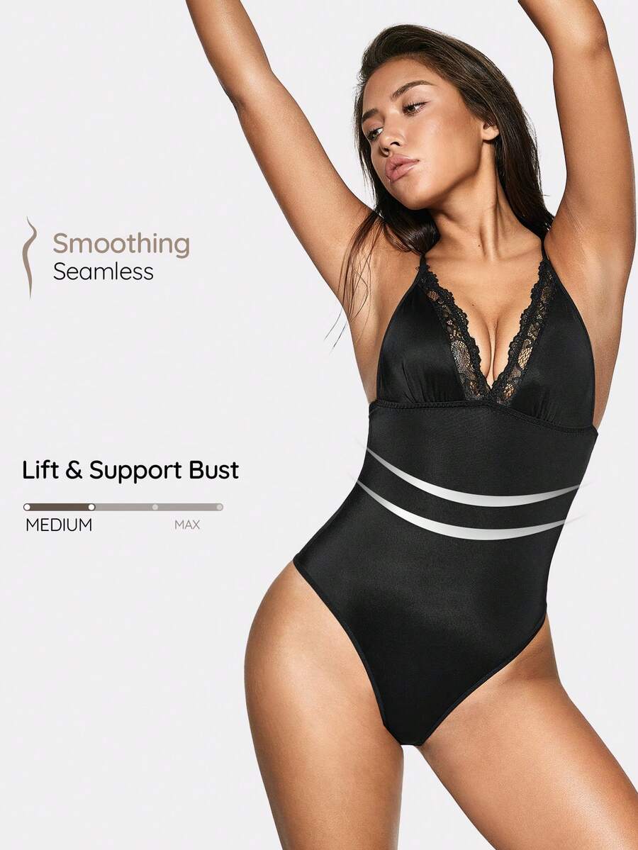 SHAPORA Bodysuit Wanita Warna Polos dengan Hiasan Renda dan Potongan V Dalam - Hitam - View 1