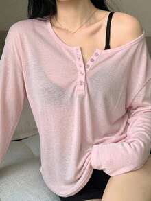 Dazy Plus Solid Color Large Scoop Neck Half-Open Placket Long Sleeve T-Shirt Spring/Summer - Baby Pink - View 2