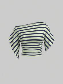 Tseoso 女款 95% 棉 藍綠白條紋針織蝙蝠袖短版 T-shirt；西方節慶；夏季海灘 - 彩色 - 查看 4
