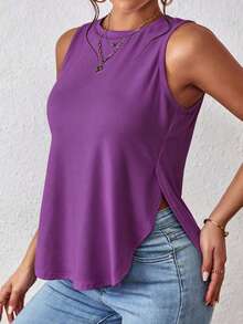 SHEIN LUNE Camiseta de tirantes casual y versátil para mujer de unicolor con cuello redondo y abertura lateral en el bajo - Morado - Ver 5