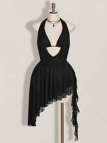 SHEIN ICON Plus Size Retro Sexy Millennial Style Y2K Modern Urban Elegant Party Date Night Two-Piece Black Dress Asymmetric Hem Ruffles Ribbons Halloween Summer - Black - View 3