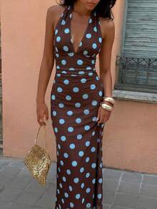 Vestido de mujer para vacaciones con escote en V profundo, cuello halter plisado, extra largo y con estampado de lunares - Marrón - Ver 11