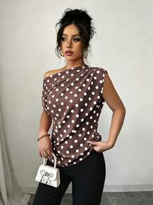SHEIN Elenzya 圓點不對稱肩無袖女款上衣，優雅通勤襯衫 - 棕色 - 查看 4