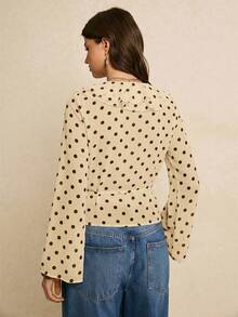 Poéselle Women's Polka Dot Pattern Patchwork Ruffle Long Sleeve Blouse - Light Yellow - View 4