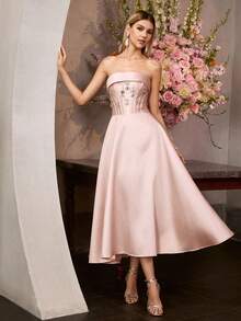 MOTF PREMIUM ELEGANT STRAPLESS ANKLE-LENGTH A-LINE SATIN PARTY DRESS WITH FLORAL RHINESTONE, CINCHED WAIST, CRISSCROSS BACK STRAPS – ELEGANT LUXURIOUS STYLE - Pink - View 2