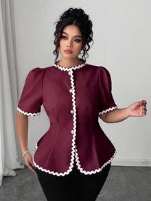 SHEIN Clasi 大尺碼女款波浪飾邊短澎澎袖單排扣襯衫 - 酒紅色 - 查看 3