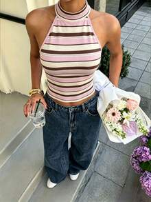 Muchica 女款休閒 Y2K 學院風露背緊身背心上衣，適合夏季早午餐度假，粉色條紋 - 彩色 - 查看 5