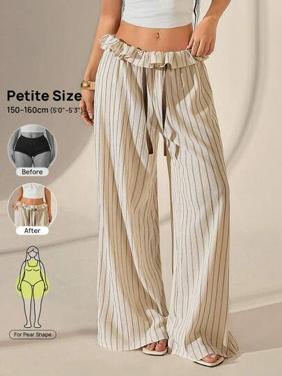 SHEIN PETITE レディース ウエスト切り替え フリル ワイドレッグ ルーズ ストライプ ロングパンツ