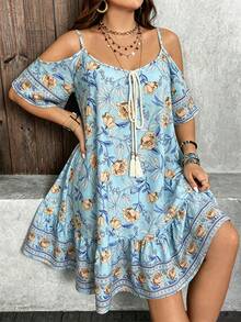 Breezaya 大尺碼女款度假風花卉印花圓領露肩袖休閒洋裝 - Blue Day - 查看 6