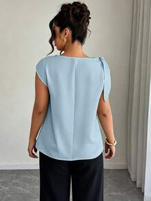 Elenzga Women's Plus Size Spring/Summer Elegant Streetwear Neckline Tie Decor Contrast Color 3D Flower Cap Sleeve Round Neck Blouse - Mint Green - View 2
