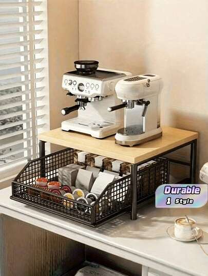 Estantes de almacenamiento de madera y metal resistentes para encimera de cocina, cestas de verduras que ahorran espacio, estantes para horno de microondas, ollas y sartenes, utensilios de cocina y condimentos - Diseño moderno, almacenamiento con cajones y cestas de metal para colocar artículos del hogar