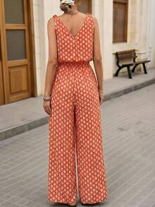 Brillora Women's Beach Vacation Sleeveless Wide Leg Jumpsuit With Allover Print, Spring/Summer - Red - View 2