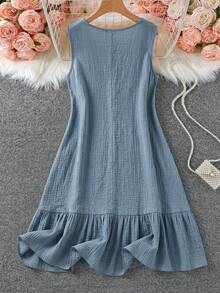 SHEIN LUNE 大尺碼女款度假風雛菊刺繡荷葉邊圓領洋裝 - 彩色 - 查看 2