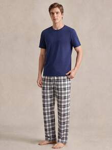 EverLounge Men's Solid Color Crew Neck Short Sleeve Minimalist T-Shirt And Plaid Long Pants Loungewear Set - Royal Blue - View 5