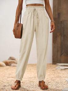 Breezaya Vacation Casual Versatile Solid Color Cuffed Long Pants - Apricot - View 5