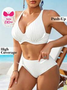 Swim DD+ 女款性感聚攏鋼圈時尚紋理面料 DD+ 皇家藍高腰 2 件組夏季比基尼套裝 - 白色 - 查看 4