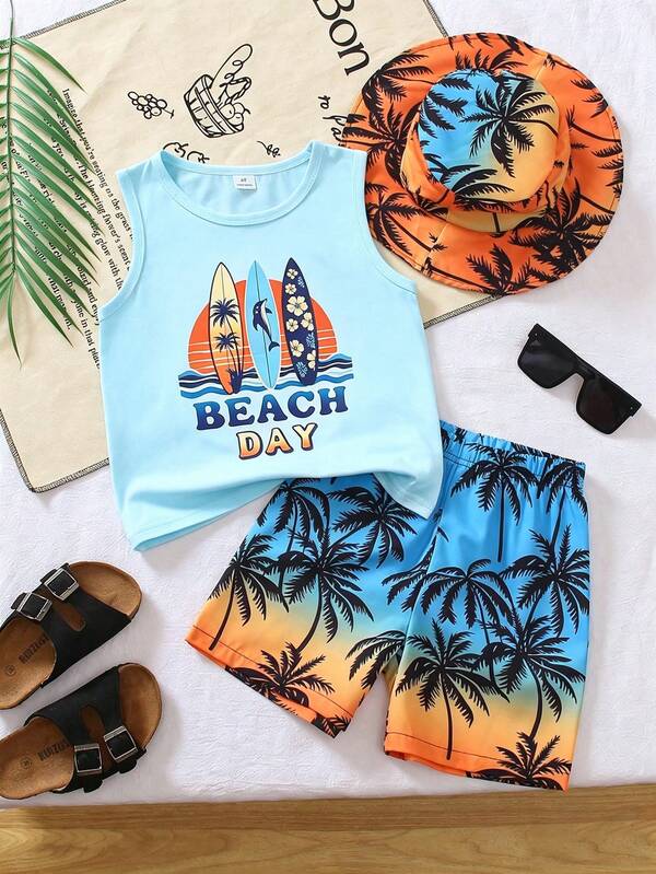 SHEIN 3pcs Young Boys Summer New Children's Beach Hawaiian Style White Surf / Palm Tree / Dolphin Print Heat Transfer Sleeveless Tank Top + Gradient Tropical Palm Tree Shorts + Matching Sun Hat | Beach Vacation Children's Swimwear Outerwear | Beach Water Play Outfit | 4-7 Years Old Fun Outdoor Wear Dynamic Set | Family Travel Beach Gear Casual Photo Shorts Hat Set Cool Summer Outfit