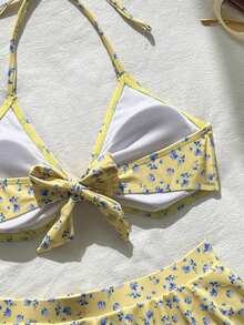 SHEIN Swim 黃色碎花掛脖綁帶比基尼，附荷葉邊裙褲下裝，2件式泳衣，適合泳池派對、海灘、夏季熱帶可愛風 - 彩色 - 查看 6