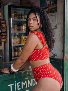 Swim Mod Plus Size Women's Polka Dot Print Cropped Tank Top And Bikini Bottom Swimwear Set For Beach Vacation - Red - View 6