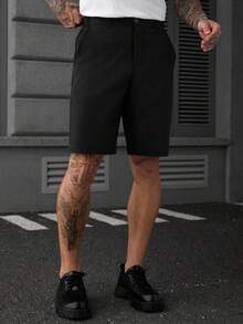 SLATEMANN Men's Solid Color Pocket Straight Leg Loose CasualBermuda Shorts - Black - View 3