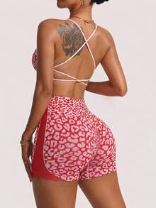 Easithlete Easithlete 1pc Women's Criss-Cross Twist Spaghetti Strap Leopard Print Bra & Shorts Workout Yoga Sports Set - Red - View 4