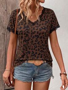 Selamara Women's Spring/Summer New Hot-Selling Leopard Print Pattern Small Ruffle Patchwork Design V-Neck Casual Versatile T-Shirt - Multicolor - View 3