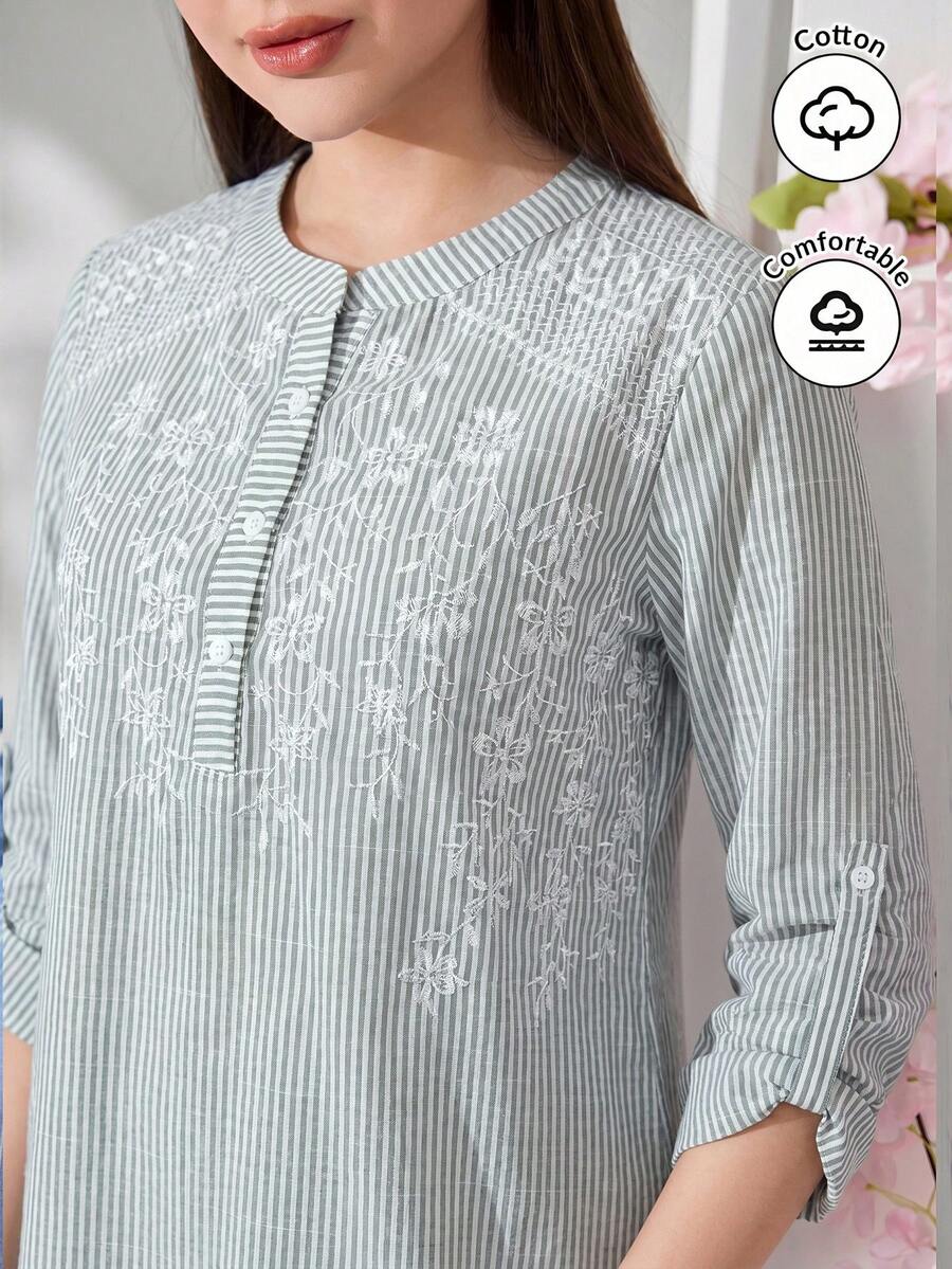 Veilorie 新款刺繡條紋休閒舒適百搭日常度假長袖襯衫 - 綠色 - 查看 1