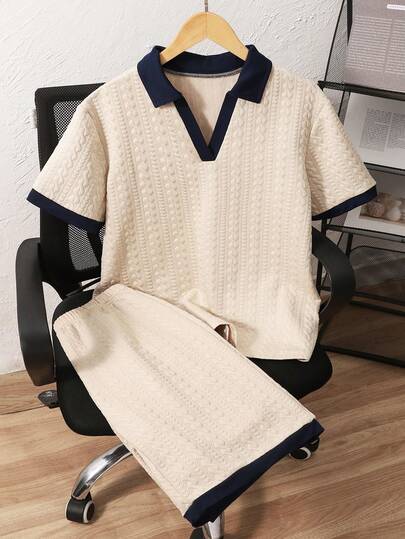 Conjunto de 2 piezas de polo y pantalones cortos de hombre adolescente, casual, simple, con textura a rayas, color caqui, corte holgado, cómodo, adecuado para otoño, primavera, verano, uso diario, ir al trabajo, juegos al aire libre, deportes, escuela, ropa urbana, fiestas y atuendos para fotos