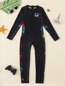 SHEIN Tween BoyCasual Colorful Tie-Dye Printed Short Sleeve One-Piece Rash Guard - Multicolor - View 6