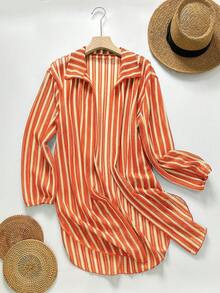 Swim SXY Women's Spring/Summer Burnt Orange Striped Jacquard Fabric Cover Up Shirt Collar Kimono Beach Vacation Pool Party Boho Tropical Breezy - Orange - View 4