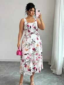 SHEIN CURVE+ Plus Size Women's Floral Print Casual Elegant Party Brunch Dinner Dress Wedding Floral White Summer - Multicolor - View 4