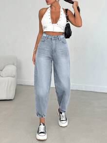 EURMUSE 100% Cotton High Waist Balloon Fit Jean 06-559 - Grey - View 9