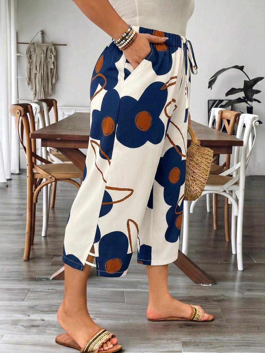 Weeklong Plus Size Abstract Floral Print Bohemian Style 3/4 Length Pants With Side Pockets, Elastic Waist, Drawstring And Side Slit Casual Wide Leg - Apricot - View 1