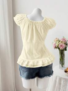 Sweetra Cute Pastoral Casual Puff Sleeve Waist-Cinched Button-Down Short Sleeve Summer Shirt - Apricot - View 2