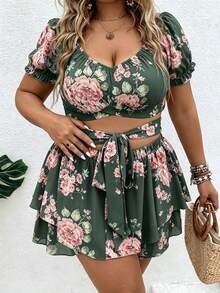 Vionelle Conjunto casual diário de 2 peças para mulher plus size com top plissado e saia-calça com estampado floral - Verde escuro - Ver 6