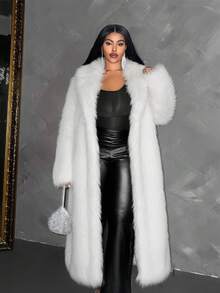 Maweii Women's Faux Fur Long Coat, Winter Furry Jacket - White - View 4