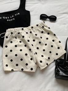 CovetEZ Falda-pantalón de mezclilla casual para mujer con estampado de lunares y lazo en la cintura lateral - Blanco - Ver 3