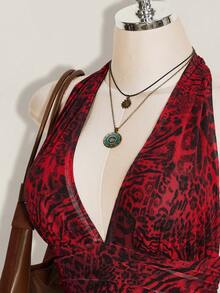SHEIN ICON Plus Size Women's Leopard & Zebra Print Pleated Sexy Halter Neck Dress For Date And Party - Red - View 5