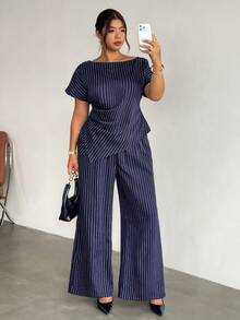 Firerie Plus Size Women's Striped Top And Long Pants Casual Everyday Set Fall/Winter - Navy Blue - View 7