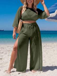 Swim Lushoire Plus Size Cover-Up Set Loose Split Cover-Up Vacation Style - Olive Green - View 3