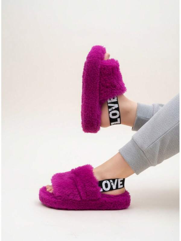 Pantuflas de mujer tipo sandalia, felpa suave, punta abierta, sin agujetas, suela gruesa, estilo moderno para casa
