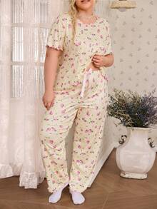 CottageSlumber Lettuce Edge Ditsy Floral Short Sleeve Long Pants Plus Size Women's Pajama Set - Yellow - View 5