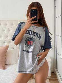 DAZY Women's Summer Casual Color Block Patchwork Letter Print Asymmetric Collar T-Shirt Oversized - Grey - View 4