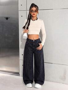 SHEIN Girls' Leopard Print Loose Wide Leg Denim Pants Vacation Festival Independence Day Leopard Print - Multicolor - View 7