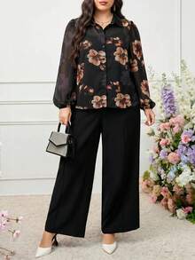 Modelyn 大尺碼女款時尚花卉印花單排扣長袖襯衫 - 彩色 - 查看 4
