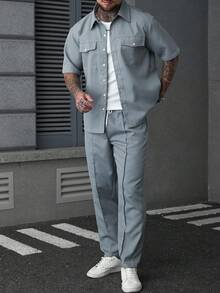 SLATEMANN Men's Plus Size Solid Color Short Sleeve Single-Breasted Shirt And Pants Casual Set - Dusty Blue - View 1