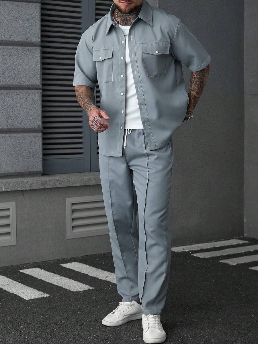 SLATEMANN Men's Plus Size Solid Color Short Sleeve Single-Breasted Shirt And Pants Casual Set - Dusty Blue - View 1